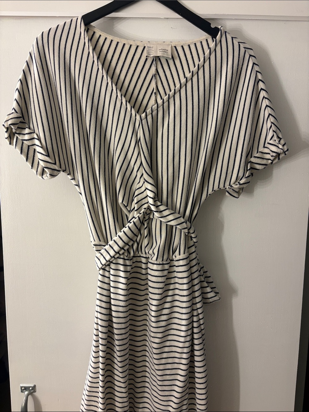 Striped V-Neck Midi Dress with Front Tie - Cream & Black
